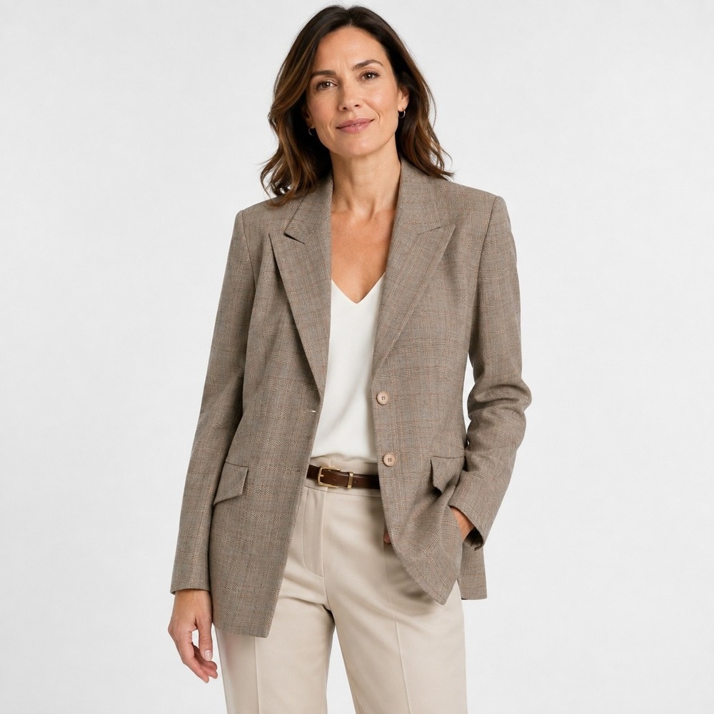 Escada Plaid Blazer Womens 40 US M Brown Ermenegildo Zegna Superfine Wool Luxury